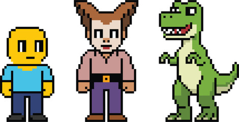Fototapeta premium Pixel art retro video game characters set, funny yellow avatar man and green dinosaur vector illustration