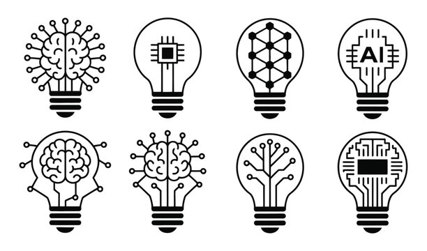 AI brain chip circuit node light bulb line icon set