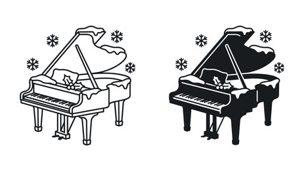 Winter Serenade: A majestic grand piano, adorned with a blanket of snow and surrounded by delicate snowflakes, evokes a serene and melancholic winter mood. © Md