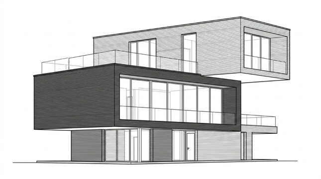 Cantilevered Modern House Elevation Drawing &ndash; Timber Cladding Architectural Blueprint
