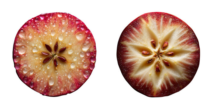 A fresh apple slice, showing the star-like seed pattern, with natural shine on the skin