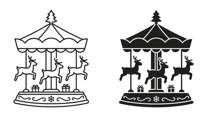 Christmas Carousel Illustration: A festive Christmas carousel featuring prancing reindeer and gift boxes is depicted in both outline and solid black graphic styles. © Md