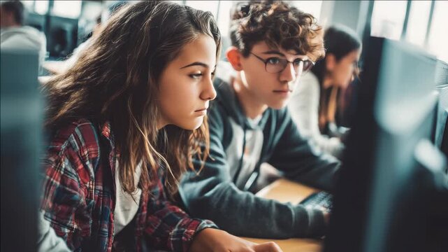 Two young individuals collaborating on an assignment while seated in front of computer monitors.