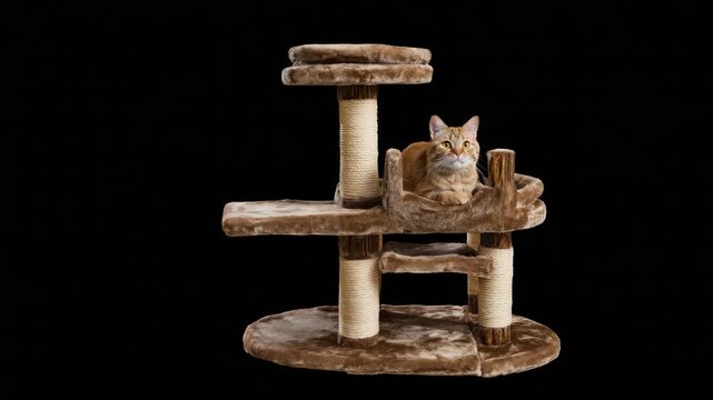 A cat sitting on a scratching post toy with multiple tiers.