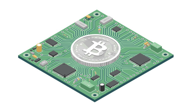 Bitcoin cryptocurrency coin resting in the center of a green isometric printed circuit board filled with various electronic components.