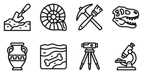 Set of eight archaeology and paleontology line icons showing fossils tools and scientific equipment Minimal stroke icon set bundle collection. Editable Vector Illustration Mega pack © SIMUL