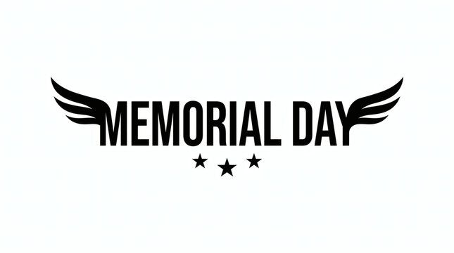 Memorial Day text graphic with stylized wings and three stars isolated on a white background for patriotic holiday celebration and honoring fallen soldiers