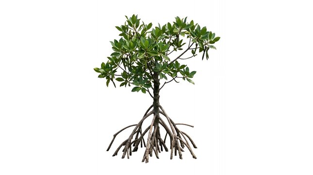 Single mangrove tree with complex stilt roots isolated on white background for coastal nature design projects