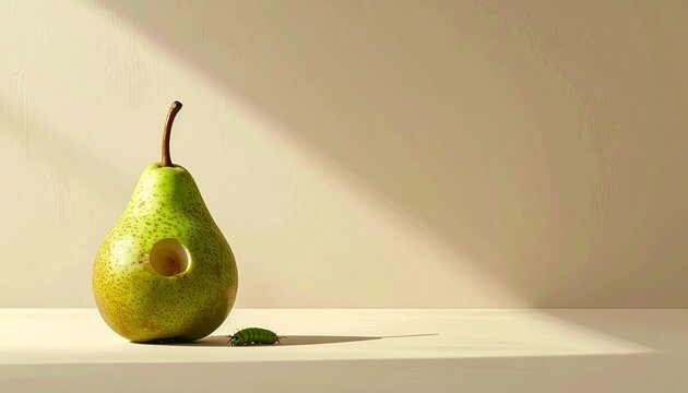 Green Pear with Worm Imperfection Concept Organic Real Food Theme