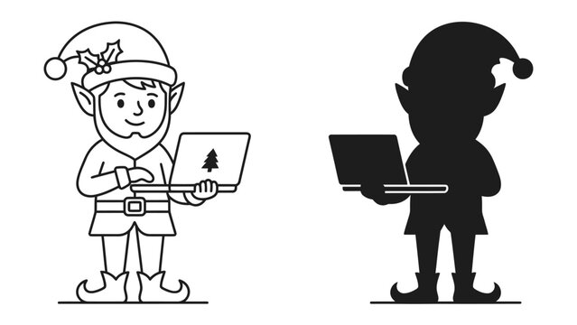 Christmas Elf with Laptop: A cheerful Christmas elf, adorned with a festive hat, engages with a laptop, depicted in both a line art illustration and its silhouette, suggesting a modern holiday theme.