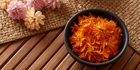 Fototapeta premium Orange Flower Petals in Black Bowl on Wooden Table with Pink Flowers and Burlap