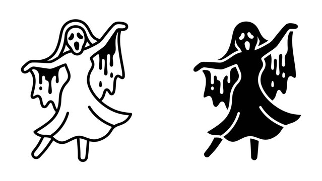 Spooky Ghost Icon: A pair of graphic icons featuring a stylized ghost with flowing hair and a tattered dress, one in black outline and the other as a solid black silhouette.