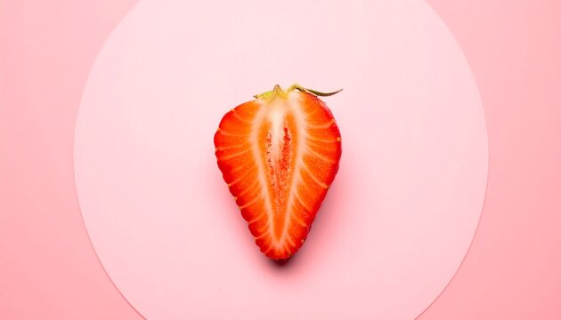Fresh red strawberry cut in half inside circular frame on pink background
