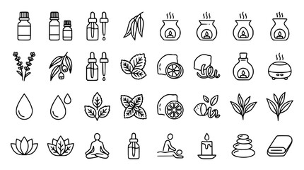 Fototapeta premium Aromatherapy essential oil vector line icon set for spa wellness massage holistic beauty skincare branding