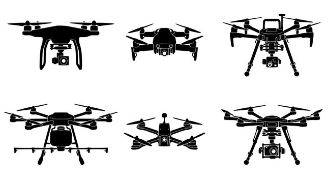 Drone silhouette vector icon set for aerial photography videography quadcopter technology delivery surveillance remote control