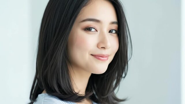 風に黒髪を揺らせながらカメラを見つめ微笑むミディアムヘアの女性