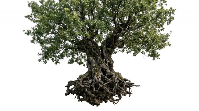 Ancient Oak Tree with Extensive Gnarled Roots and Green Summer Foliage Isolated on Plain White Background