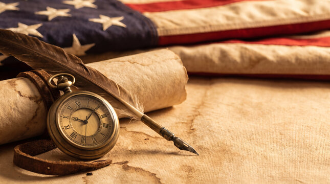 Vintage pocket watch and quill pen resting on an aged parchment scroll with a folded American flag in the background representing history and patriotism
