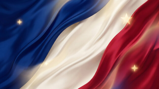 Waving flag concept and red white blue silk fabric background with glowing gold stars