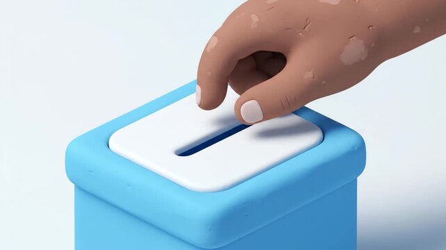 Hand inserts ballot into blue voting box, concept of election and democracy
