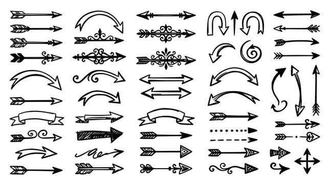 Hand drawn arrow sketch collection featuring vintage tribal pointers decorative dividers curved directions and ribbon banner symbols