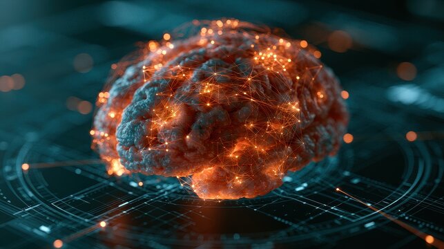 Neural network intelligence artificial cognition deep learning adaptive thinking knowledge expansion close up innovation technology theme futuristic Composite glowing AI brain interface backdrop. 