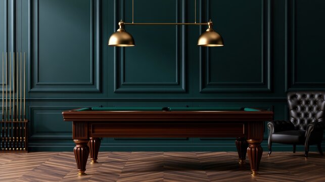 A stylish room featuring a polished billiard table, elegant lighting, and rich wooden textures