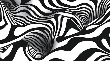Fototapeta premium Abstract background with black and white wavy lines creating a 3D optical illusion effect.