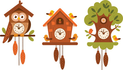 Cute vintage wooden cuckoo clocks set, cartoon owl and tree house wall timepieces vector illustration