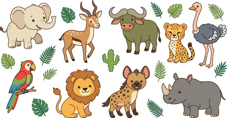 Cute cartoon African safari animal vector character set featuring baby elephant lion cheetah hyena gazelle rhino buffalo ostrich and parrot with tropical leaves © Lili Begum