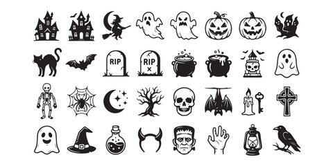 Obraz premium Set of black and white halloween icons featuring spooky ghosts pumpkins and bats Vector