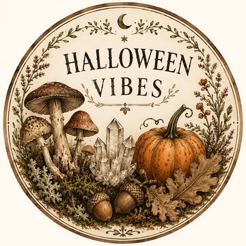 Vintage Halloween Vibes Round Emblem with Pumpkin, Mushrooms, Quartz Crystals, and Autumn Leaves on Botanical Background