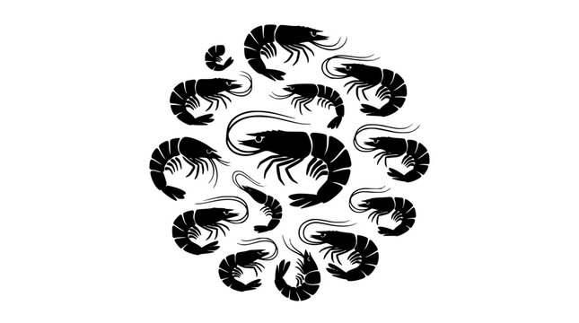 Shrimp and prawn circle layout black silhouette vector icon set featuring marine wildlife shellfish seafood restaurant menu and branding elements