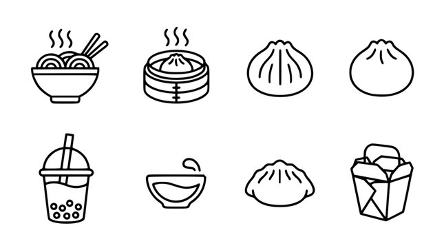 Chinese food and Asian cuisine line icon set featuring dim sum dumplings noodles bubble tea soup bowl and takeout box symbols