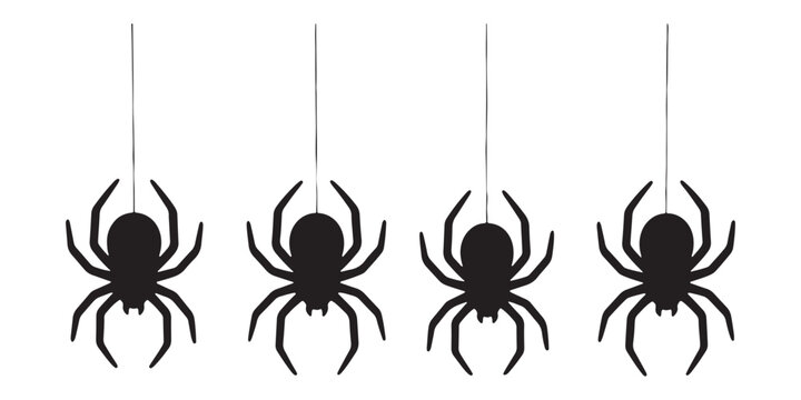Four black spiders hanging down from thin silk threads as a halloween decoration set Vector