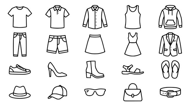 Men and women seasonal fashion apparel and footwear line icon set featuring casual clothing shirts pants dresses shoes and style accessories