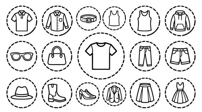 Men and women casual fashion apparel and accessories line icon set in dashed circles with clothing dress shirt pants and shoe symbols