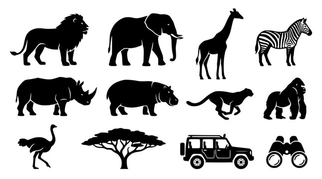 African safari wildlife black silhouette icon set featuring lion elephant giraffe zebra rhino hippo cheetah gorilla and acacia tree