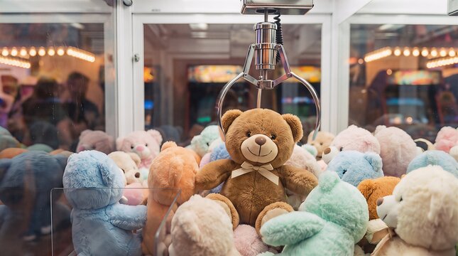 Cute teddy bear inside a glass arcade claw machine game with childhood entertainment amusement colorful interior illumination atmosphere collection challenge