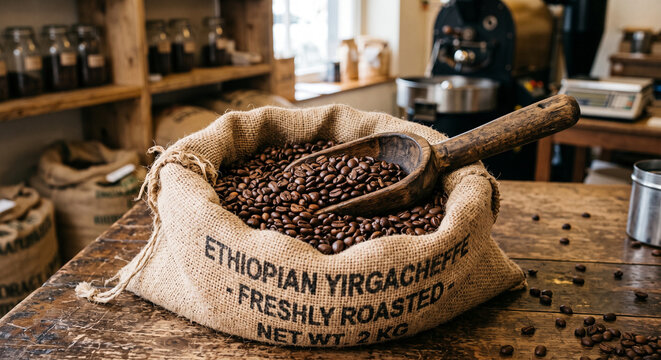 Freshly roasted Ethiopian Yirgacheffe coffee beans in burlap sack with wooden scoop.