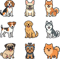 Naklejka premium Cute cartoon dog breeds collection set featuring happy beagle french bulldog shiba inu golden retriever husky pug yorkie and pomeranian vector illustration
