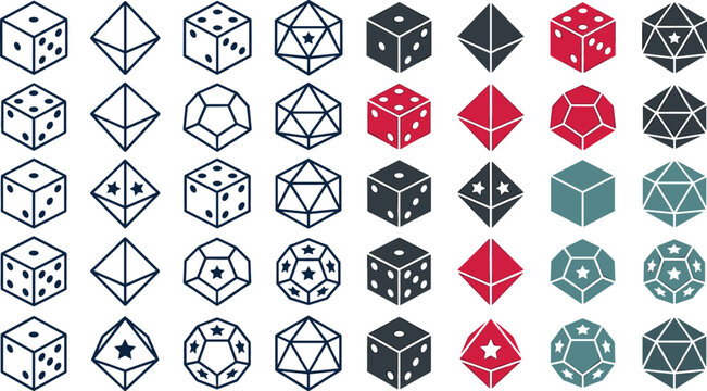 Polyhedral Dice Vector Icon Set with D6, D8, D12, and D20 Gaming Symbols for Roleplaying Games, Tabletop Board Games, and Casino Gambling Designs