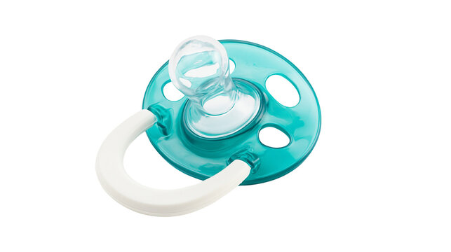 Teal blue baby pacifier with white handle and clear nipple