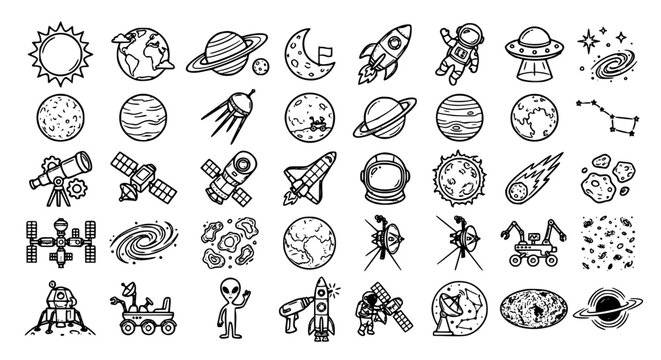 Space technology and astronomy line doodle icon mega set featuring rocket ships planets astronauts satellites telescopes galaxy and alien symbols