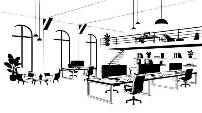 Modern open plan loft office perspective interior sketch featuring co-working space desks computers stairs mezzanine and large arched windows