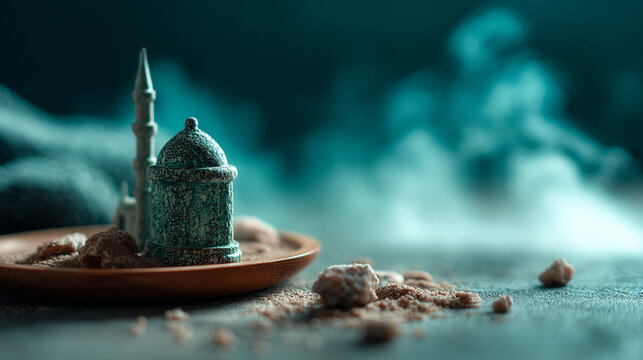 Small decorative miniature mosque ornament on plate with scattering sand particles, miniature