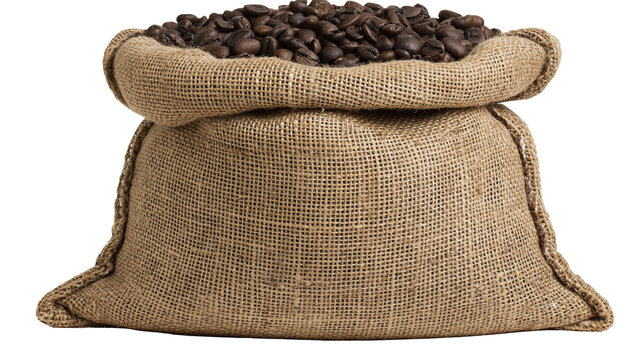 Burlap sack full of roasted coffee beans