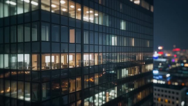 窓の明かりが灯る夜の大都市のガラス張り超高層ビル、近代的な建築
