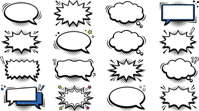 Comic Speech Bubble Vector Icon Set with Pop Art Halftone Shadows for Cartoon Dialogue, Graphic Novels, Retro Advertisements, and Creative Text Box Designs
