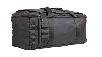 Black tactical duffel bag with MOLLE webbing and zippers © Solene